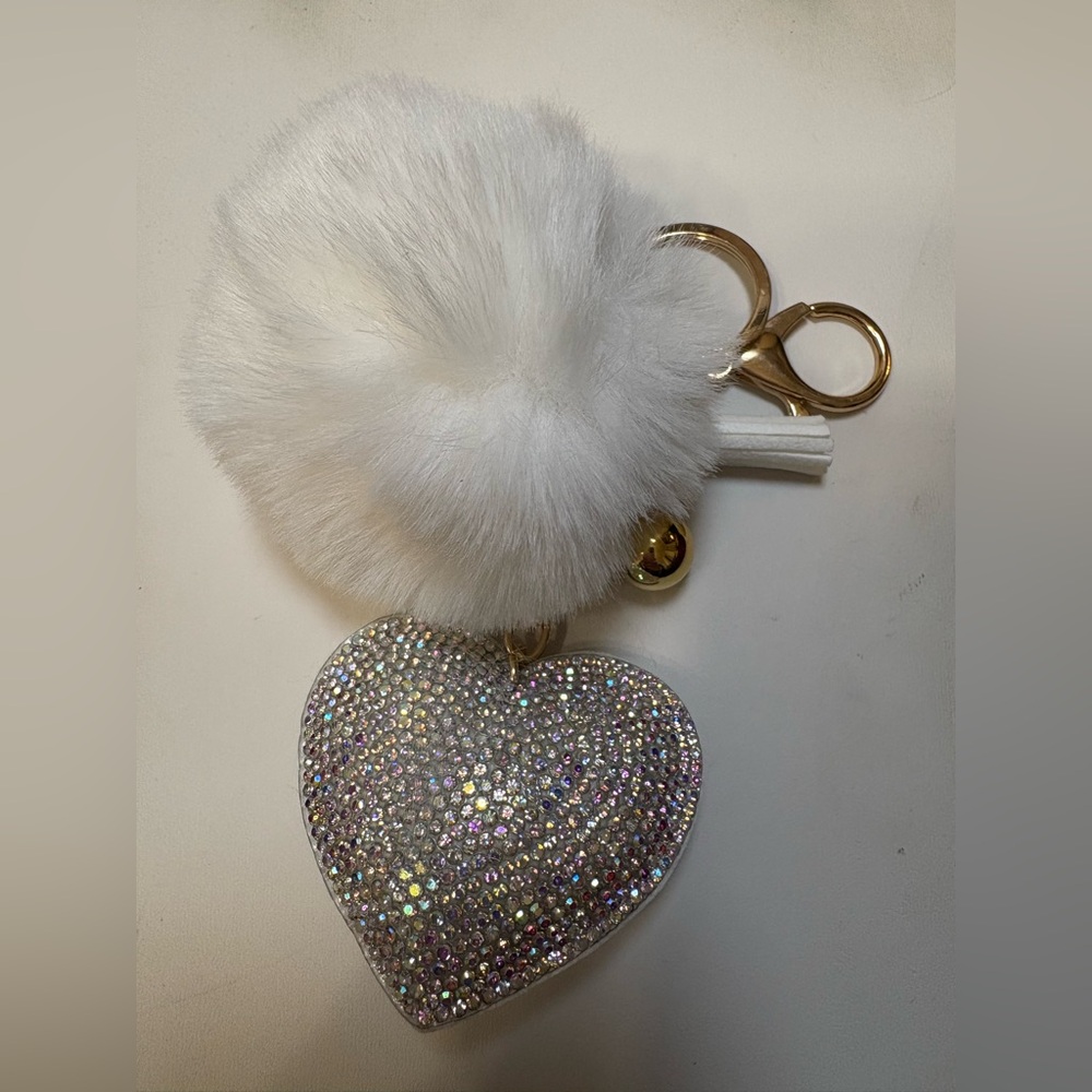 Elegant Crystal Heart Keychain with White Pom Pom and Gold Details